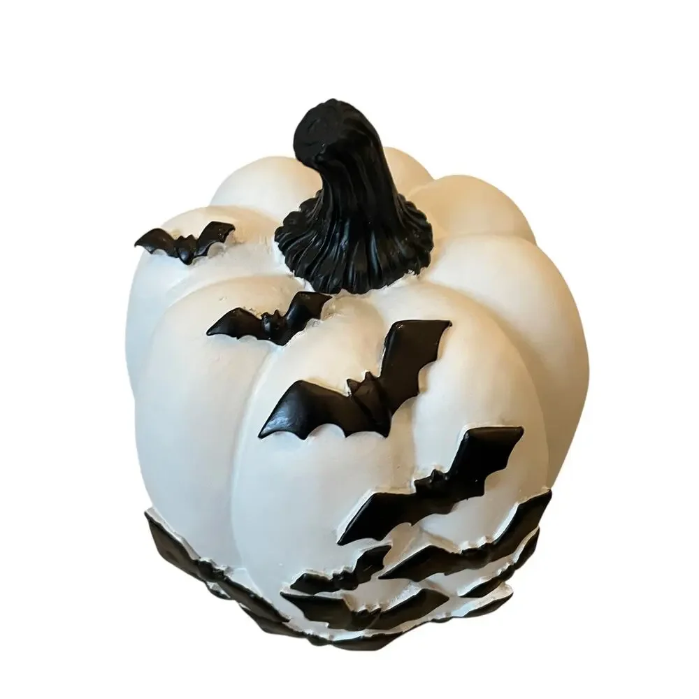 Black Flying Bats White Resin Pumpkin 12in Hauntingly Chic Halloween Decor NEW